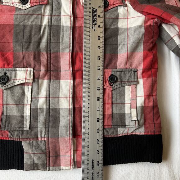 Roxy Women Jacket M Red Plaid Button Faux Fur Zipper Ribbed Hem Cuffs Full Zip - Picture 6 of 9